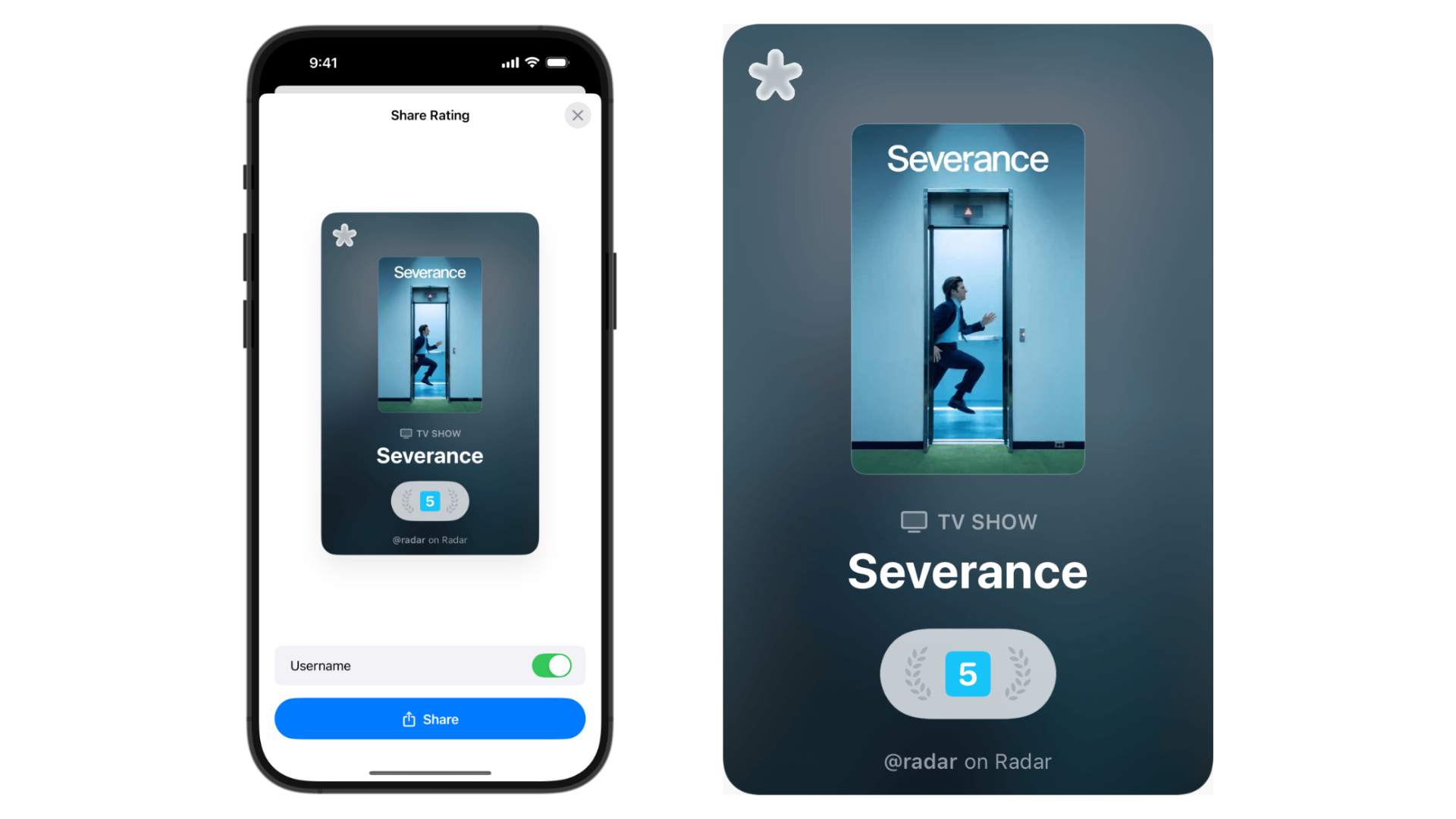 Two images of screenshots showcasing Radar's 'share rating' feature.