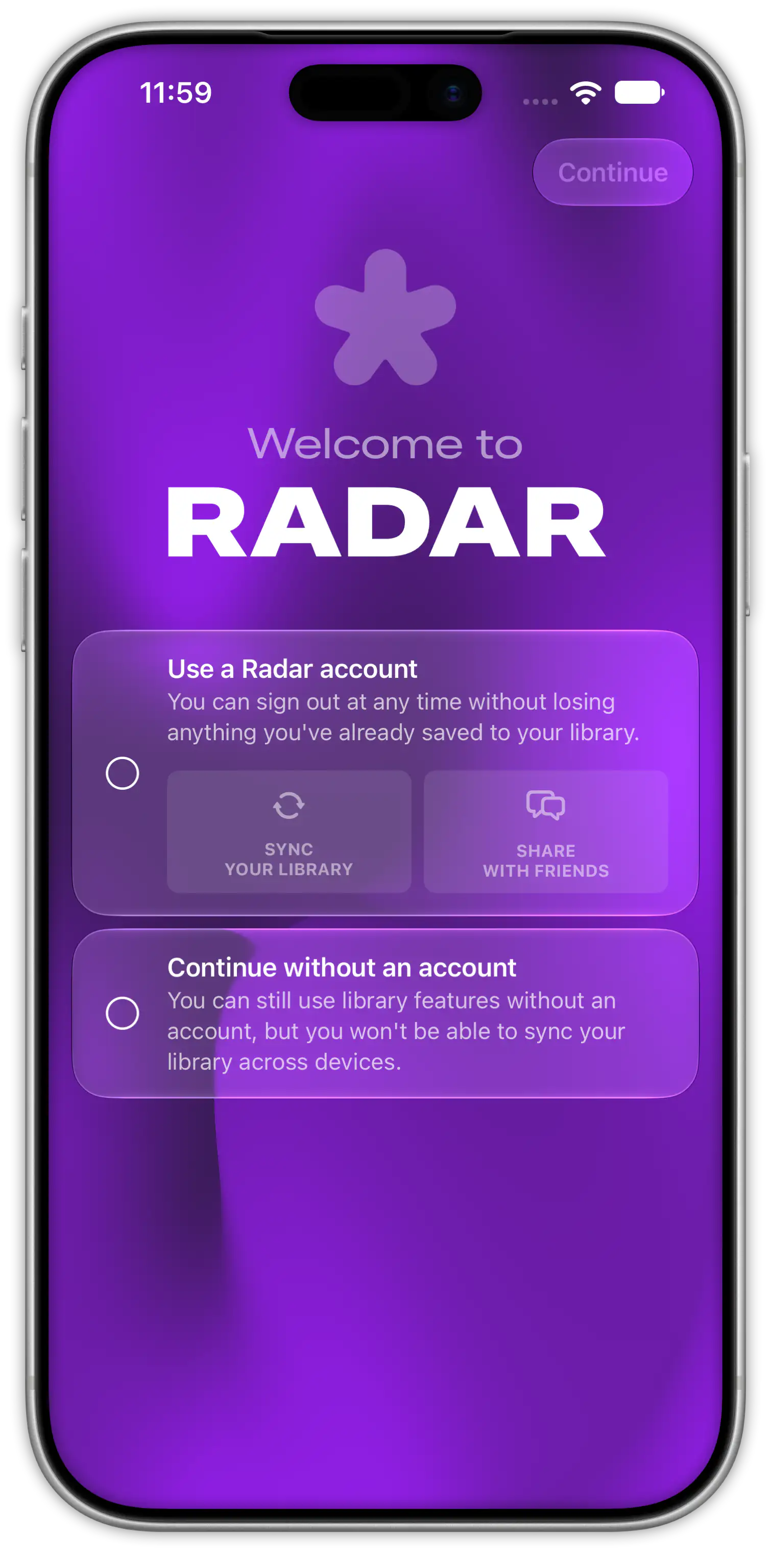 Radar welcome screen