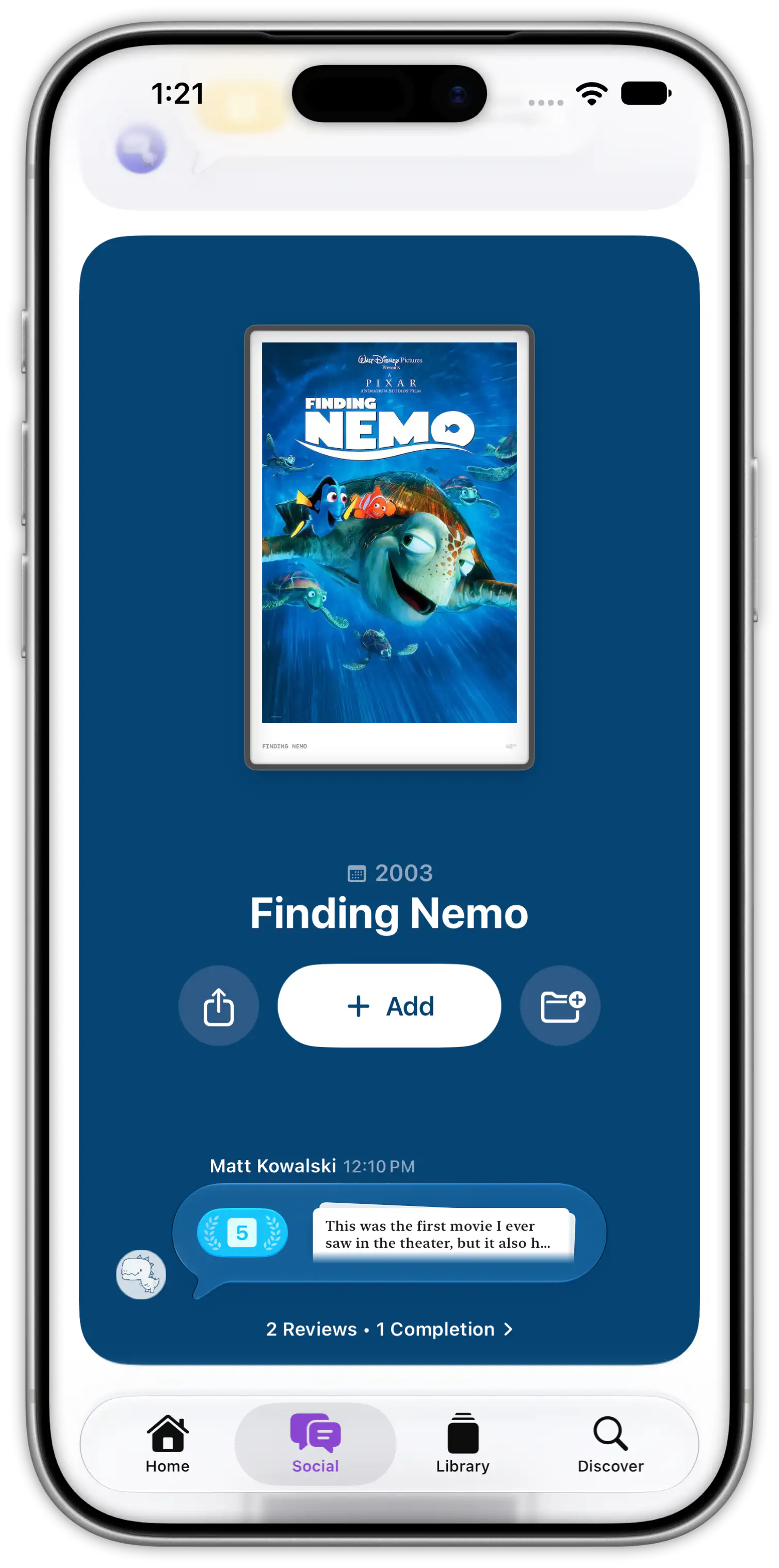 A Finding Nemo card in the social feed with a friend's review