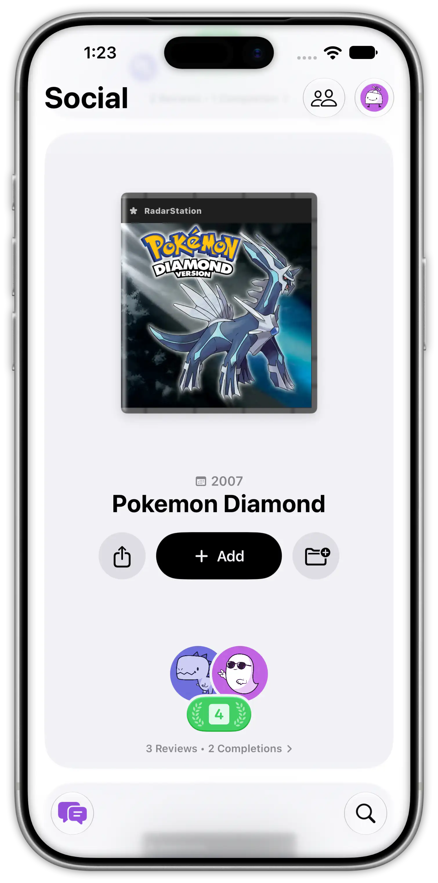The Social tab showing Pokemon Diamond with friends who finished it