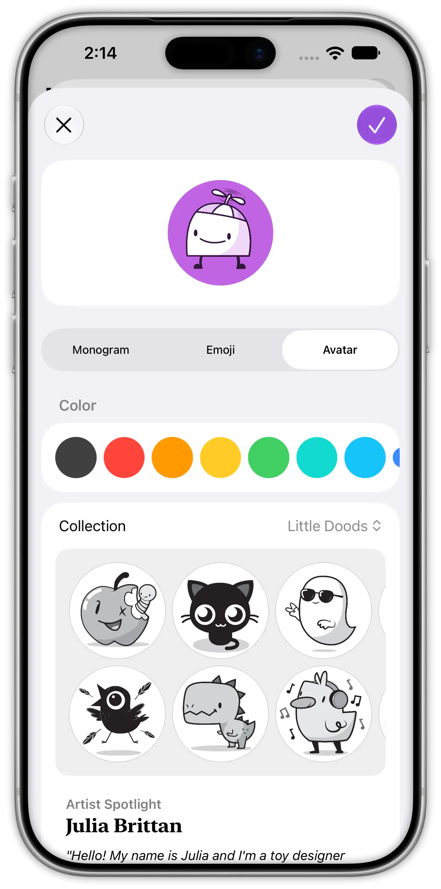 The Radar profile icon designer with Monogram, Emoji, and Avatar styles, a colour picker, and an artist collection