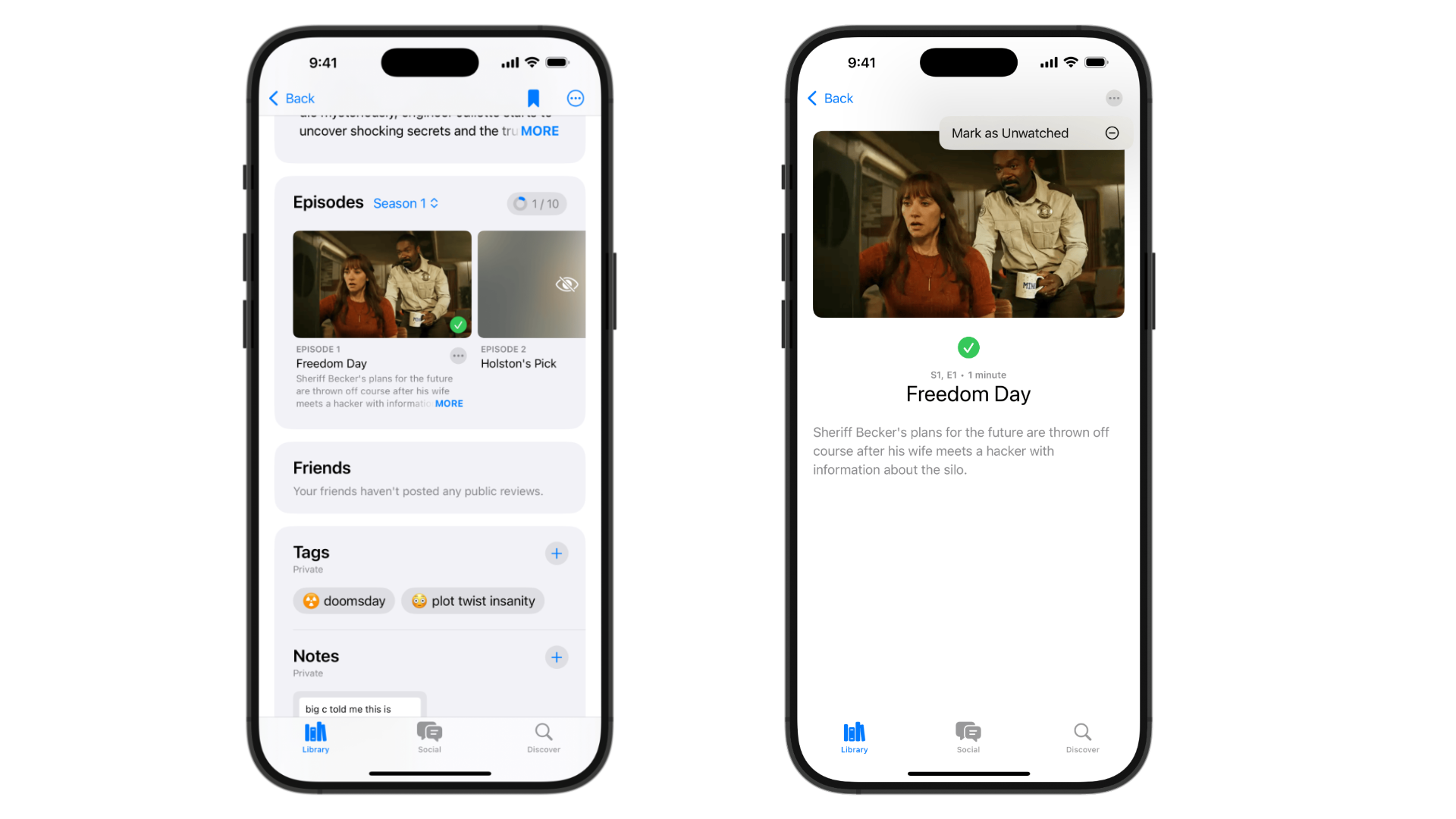 Two images of screenshots showcasing Radar's episode tracking feature.