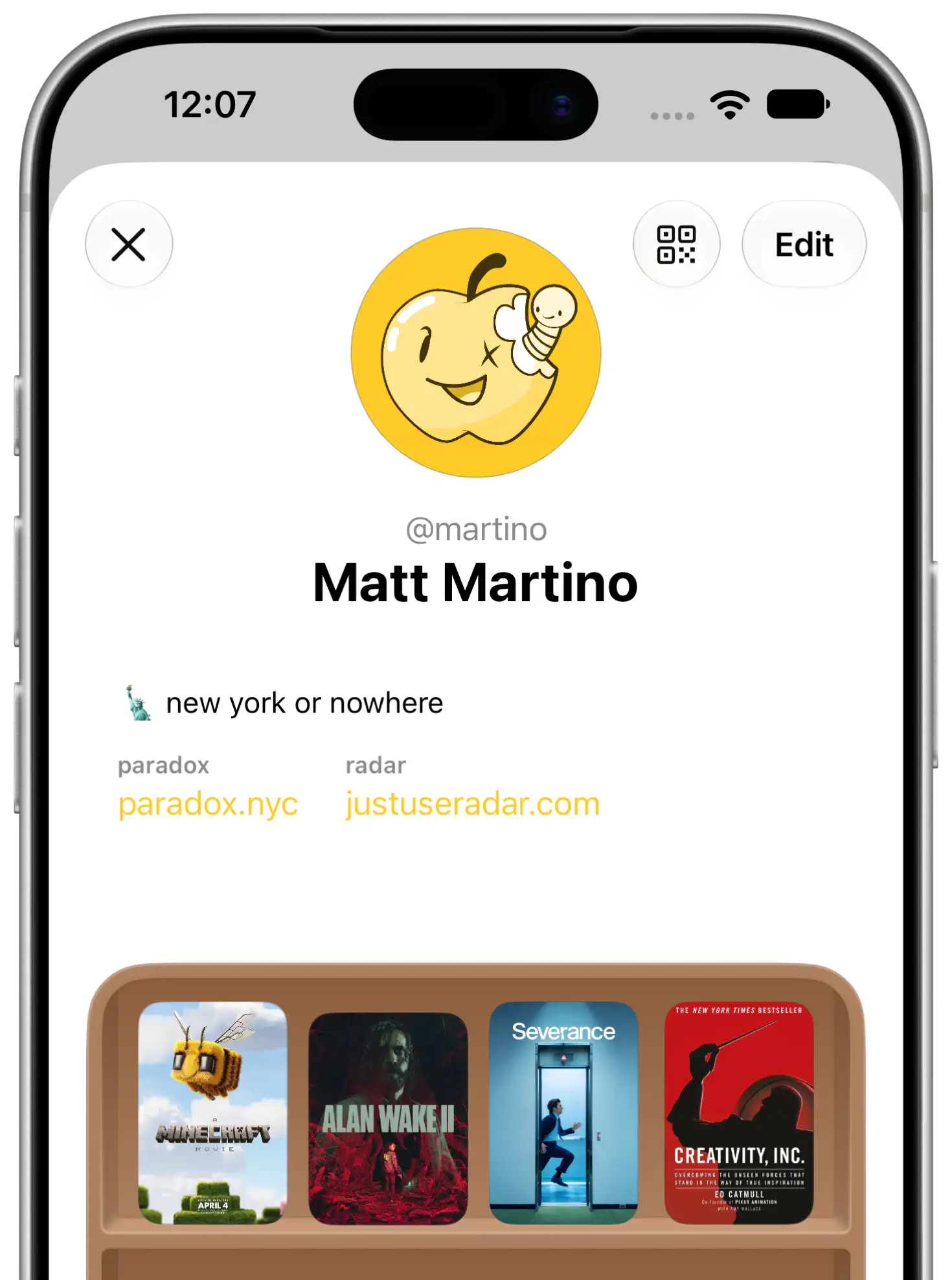 A Radar profile with a custom avatar, bio, links, and a curated showcase